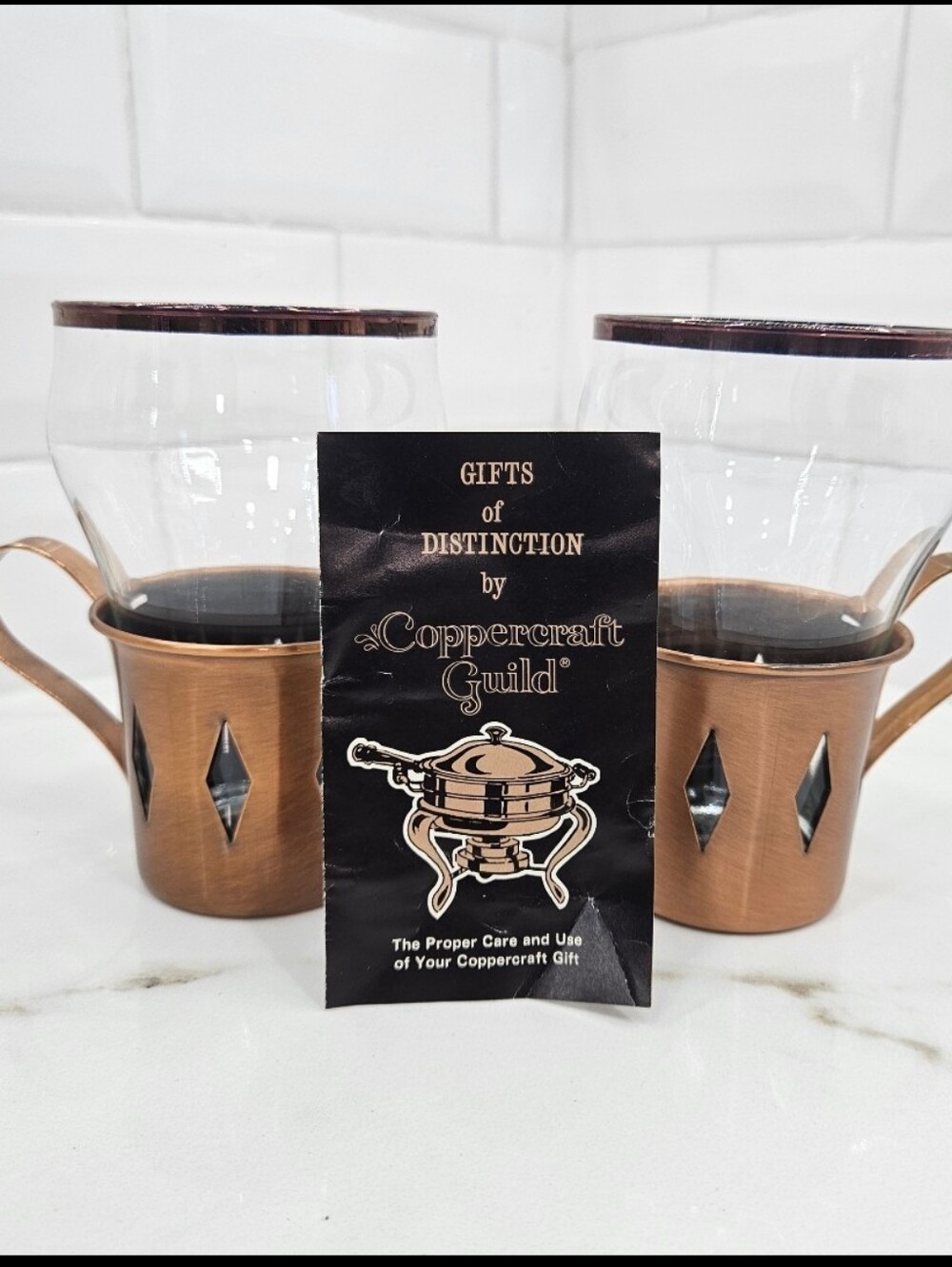 Coppercraft Guild Libby Diamond Turkish Coffee Tea Glasses Copper Rim & Holders